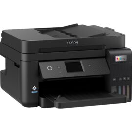 Dieses Bild zeigt den Epson EcoTank ET-4850 Multifunktionsdrucker, ein schwarzfarbenes Druckergerät mit einem Frontpanel, auf dem sich ein Display und Bedienungsknöpfe befinden, sowie seitliche Tintentanks, die für einen einfachen Nachfüllprozess ohne Patronen bestimmt sind. Der Drucker ist für den Einsatz in Büros oder Heimbüros konzipiert, mit Funktionen wie Drucken, Scannen, Kopieren und Faxen.