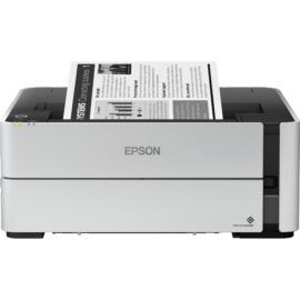 Das Bild zeigt einen Epson EcoTank ET-M1170 Tintenstrahldrucker in Farbe, von der Seite betrachtet. Ein Blatt Papier, mit Text und Balkendiagrammen bedruckt, kommt gerade aus der Papierausgabe. Der Drucker ist in einem schlichten Design gehalten, hauptsächlich in Grau, mit dem Epson Logo an der Front. Der Zweck des Bildes ist es, das Aussehen des Druckers und seine Druckfunktion zu demonstrieren.