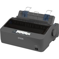 Das Bild zeigt einen Epson LX-350 Dot-Matrix-Drucker. Der Drucker ist für den Einsatz in Büros oder für industrielle Anwendungen konzipiert, wo kontinuierliche Druckvorgänge oder das Bedrucken von Mehrfachformularen erforderlich sein können. Der Fokus liegt auf dem Gerät selbst, um dessen Design und Bauform zu präsentieren.