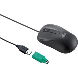 Das Bild zeigt die 'M530'-Maus, ein verkabeltes Eingabegerät für Computer. Es ist eine optische Maus mit einem Standard-USB-Stecker und einem zusätzlichen PS/2-Adapter, um Kompatibilität mit verschiedenen Geräten zu ermöglichen. Das Design ist ergonomisch geformt, überwiegend in Schwarz gehalten und trägt das Logo des Herstellers. Der Zweck des Bildes ist es, die Maus aus einer Perspektive zu zeigen, die sowohl das Design als auch die Anschlussmöglichkeiten erkennen lässt.