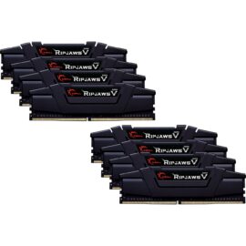 Das Bild zeigt acht RAM-Module vom Typ G.Skill Ripjaws V 256 GB DDR4-3600 Octo-Kit Arbeitsspeicher. Jedes Modul ist schwarz mit einer charakteristischen Ripjaws V Branding und roten Akzenten. Diese Darstellung dient dazu, das Design, die Beschriftung und die typische Modulkonfiguration des Arbeitsspeichers zu verdeutlichen, was potenziellen Käufern bei ihrer Entscheidung helfen könnte.