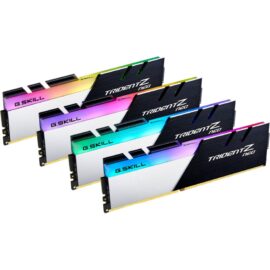 Das Bild zeigt vier RAM-Module des G.Skill Trident Z Neo DDR4-3600 (32GB Quad-Kit). Sie sind aufgereiht und präsentieren ihre auffällige Wärmeableitstruktur mit mehrfarbigen RGB-Lichtleisten an der Oberseite jedes Moduls. Diese Speichermodule werden in Computern eingebaut, um die Arbeitsspeicherkapazität zu erhöhen und sind speziell auf die Bedürfnisse von Gaming- und High-Performance-Computersystemen ausgerichtet.