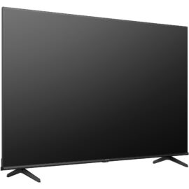 Das Bild zeigt den '50A6K, LED-Fernseher' von vorne in ausgeschaltetem Zustand. Der Fernseher hat einen schlanken Rahmen, steht auf zwei Füßen und das Herstellerlogo ist sichtbar. Der Zweck des Bildes ist es, das Design und die äußere Erscheinung des Produkts zu präsentieren.