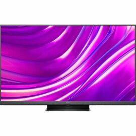 Dieses Bild zeigt den 55U8HQ LED-Fernseher von Hisense, der auf einem Standfuß steht. Der Bildschirm ist eingeschaltet und zeigt ein lebendiges, abstraktes Hintergrunddesign in Pink- und Lilatönen, das die Bildqualität und Farbintensität demonstriert.