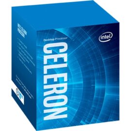Das Bild zeigt die Verpackung des Intel® Celeron® G5905 Desktop-Prozessors. Die Schachtel ist blau mit dem Intel-Logo und dem Namen des Prozessors in hervorgehobener Schrift. Dieses Bild wird verwendet, um das Produkt in Werbematerialien oder Produktprüfungen visuell darzustellen.