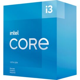 Das Bild zeigt die Verpackung des Intel Core i3-10105F Prozessors der 10. Generation. Auf der blauen Box sind das Intel-Logo sowie die Bezeichnung 'CORE i3' prominent abgebildet. Unterhalb der Produktbezeichnung wird darauf hingewiesen, dass für die Nutzung eine diskrete Grafikkarte erforderlich ist ("Discrete Graphics Required"). Das Bild dient der visuellen Darstellung des Produkts für Kunden und Interessenten.