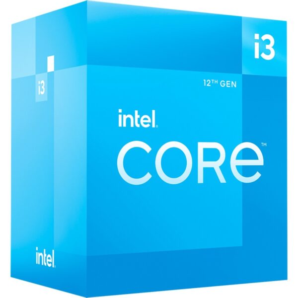Das Bild zeigt die Verpackung des Intel Core i3-12100 Prozessors der 12. Generation. Die Box ist in den charakteristischen Intel-Farben gehalten, mit einem großen, weiß-blauen "i3" Logo auf der Vorderseite sowie der Aufschrift "Intel CORE" und dem Intel-Logo. Der Zweck des Bildes ist es, das Produkt und seine Marke zu präsentieren, um Kunden über das Design der Produktverpackung und somit über das Produkt selbst zu informieren.