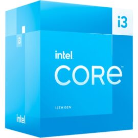 Das Bild zeigt die Verpackung des Intel Core i3-13100F Prozessors der 13. Generation. Die auffallend blaue Box trägt das Intel Core i3-Logo und kennzeichnet deutlich die Produktgeneration. Der Zweck des Bildes ist es, den Intel Core i3-13100F Prozessor visuell zu präsentieren, wahrscheinlich im Kontext eines Verkaufsangebots oder einer Produktrezension.