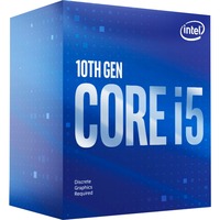 Das Bild zeigt die Verpackung des Intel® Core™ i5-10400F Prozessors der 10. Generation. Der Zweck des Bildes ist es, das Produkt zu präsentieren und visuell zu identifizieren, wobei der Schwerpunkt auf der Marken- und Modellbezeichnung liegt.