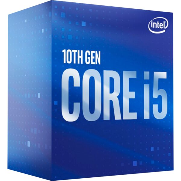 Das Bild zeigt die Verpackung des Intel® Core™ i5-10400 Prozessors der 10. Generation. Der Fokus liegt auf der Markierung als "10TH GEN CORE i5" mit dem Intel-Logo in der oberen rechten Ecke. Die Darstellung der Verpackung dient dazu, den Prozessor visuell zu identifizieren und hervorzuheben, was für Konsumenten bei der Produktauswahl und dem Kauf hilfreich ist.