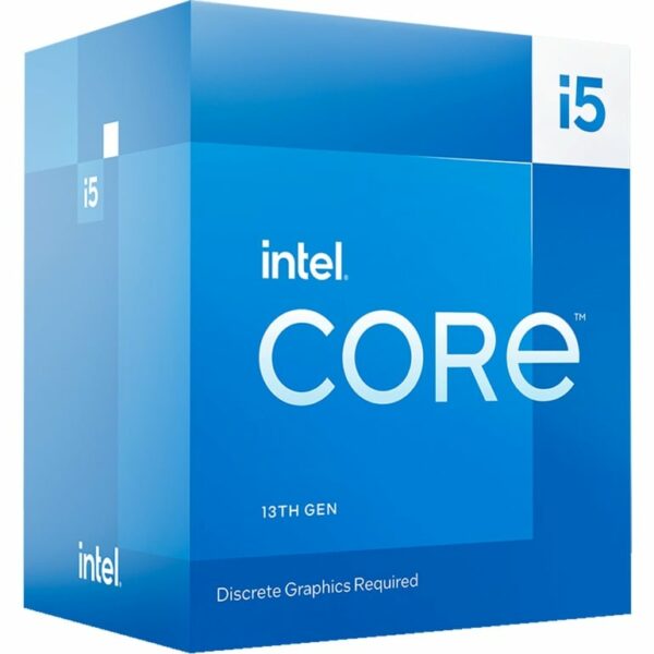 Das Bild zeigt die Verpackung eines Intel Core i5 Prozessors der 13. Generation mit einem Hinweis, dass eine diskrete Grafikkarte benötigt wird. Der Zweck des Bildes ist es, das Produkt und seine wesentlichen Merkmale visuell darzustellen, um potenzielle Käufer über den Prozessortyp und die Generation zu informieren.