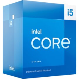Das Bild zeigt die Verpackung des Core™ i5-13400 Prozessors von Intel. In prominenter blauer Farbgebung ist das Intel-Logo zu sehen, ergänzt durch die Bezeichnung "CORE" und darunter den Zusatz "13TH GEN", welcher die Zugehörigkeit zur 13. Generation von Intel-Core-Prozessoren angibt. In der rechten unteren Ecke des Bildes ist zudem der Hinweis "Discrete Graphics Required" angebracht, was darauf hinweist, dass eine separate Grafikkarte benötigt wird, um diesen Prozessor zu verwenden. Der Zweck des Bildes ist es, das Produkt zu präsentieren und hervorzuheben, womit potenzielle Käufer auf einen Blick wichtige Informationen über den Prozessor erhalten.