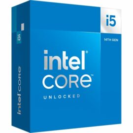 Das Bild zeigt die Verpackung des 'Intel Core i5-14600K Prozessors' aus der 14. Generation, erkennbar an dem blauen Design mit großen weißen Buchstaben, die den Markennamen "Intel" und die Produktbezeichnung "CORE i5" zeigen. Außerdem ist "UNLOCKED" angegeben, was auf die Übertaktungsmöglichkeiten dieses Prozessors hinweist. Das Ziel des Bildes ist es, das Produkt visuell zu präsentieren, um es Käufern und Interessenten zu identifizieren.