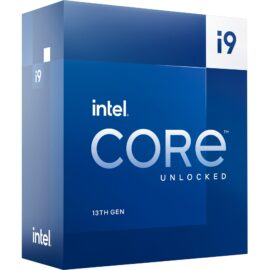 Das Bild zeigt die Verpackung des Core™ i9-13900KF Prozessors von Intel. Es ist eine blaue Box mit dem Intel-Logo, der Bezeichnung "Core i9", dem Zusatz "UNLOCKED" und der Angabe der Generation "13th GEN". Der Zweck des Bildes ist es, das Produkt zu präsentieren und zu vermarkten.