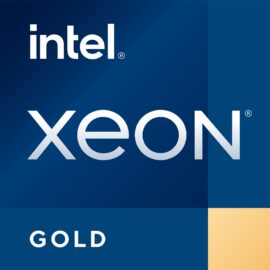 Das Bild zeigt das Logo des Intel Xeon Gold Prozessors, mit der Aufschrift 'Xeon' in großen weißen Lettern auf einem dunkelblauen Hintergrund und dem Wort 'Gold' darunter auf einem goldenem Hintergrund. Das Intel-Logo ist ebenfalls zu sehen. Das Bild dient dazu, den Intel Xeon Gold Prozessor visuell zu repräsentieren und die Markenidentität zu vermitteln.