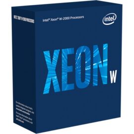 Produktverpackung des Intel® Xeon® W5-2455X Prozessors. Die blaue Box trägt den Schriftzug "XEON W" in einem markanten, hellblauen Design, das auf die Leistungsfähigkeit des Prozessors für Server und Workstations hinweisen soll. Das Intel Logo befindet sich in der oberen linken Ecke und unten wird auf weiterführende Informationen zur Technologie und Leistung auf der Intel-Website hingewiesen.