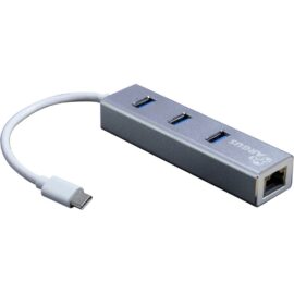 Das Bild zeigt eine IT-410-S Dockingstation mit einem USB-C-Anschlusskabel und mehreren USB-A-Ports sowie einem Ethernet-Port, die für Konnektivität und Funktionserweiterung von Geräten wie Laptops und Tablets verwendet wird.