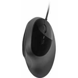 Das Bild zeigt eine Kensington Pro Fit Ergo Maus, eine kabelgebundene Computermaus in Schwarz mit einem ergonomischen Design zur Unterstützung der Hand, um Komfort bei längerer Nutzung zu gewährleisten. Das Bild dient dazu, das Design und die Form der Maus zu präsentieren, die speziell auf Ergonomie abzielt.