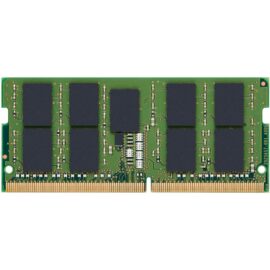 Das Bild zeigt einen Kingston Server Premier 32 GB DDR4-3200 SO-DIMM Arbeitsspeicher. Das Speichermodul besteht aus mehreren schwarzen Speicherchips, die auf einer grünen Platine mit goldenen Kontakten angebracht sind. Dieser Arbeitsspeicher wird in der Regel in Servern verwendet, um die Datenverarbeitung und -speicherung zu unterstützen.