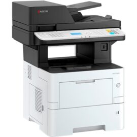 Produktabbildung des ECOSYS MA4500x Multifunktionsdruckers von Kyocera, der Drucken, Scannen und Kopieren ermöglicht, mit einem Fokus auf das Bedienfeld und die Papierausgabeeinheit, vor weißem Hintergrund.
