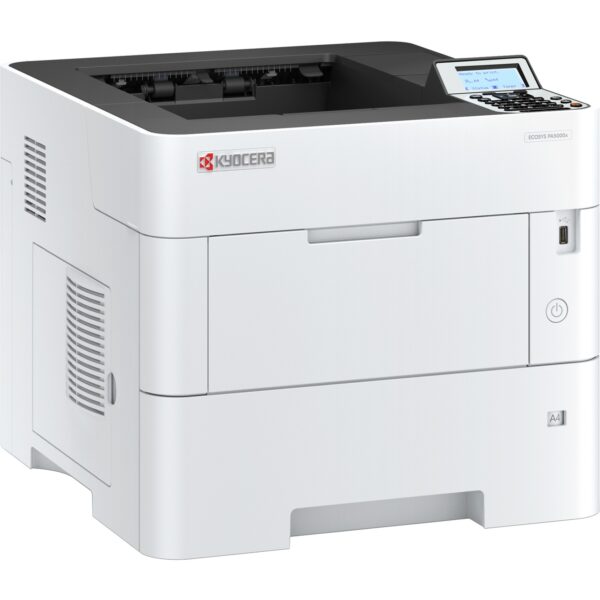 Das Bild zeigt den ECOSYS PA5000x Laserdrucker von Kyocera. Das Gerät ist weiß und wirkt robust und professionell. Auf der Vorderseite ist das Papierausgabefach und an der Oberseite befindet sich eine Bedieneinheit mit Display. Das Bild dient dazu, das Produktdesign, die Schnittstellen und die generelle Größe des Druckers zu präsentieren.