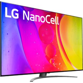 Das Bild zeigt den 55NANO819QA LED-Fernseher von LG. Zu sehen ist ein moderner Flachbildfernseher mit einem farbenfrohen Bildschirm, der das LG NanoCell-Logo anzeigt. Der Fernseher hat einen dünnen Rahmen und steht auf einem eleganten, geschwungenen Standfuß. Das Bild dient dazu, das Design und die Bildqualität des Produktes zu demonstrieren.