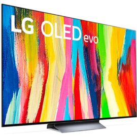 Das Bild zeigt einen LG OLED-Fernseher, Modell OLED65C21LA, mit einem farbenfrohen Display von abstrakten Farbstreifen. Der Fernseher hat eine dünne Rahmenkonstruktion, steht auf einem eleganten, zentral platzierten Standfuß und trägt links oben auf dem Bildschirm das Logo "LG OLED evo". Der Zweck des Bildes ist es, das Design und die Bildqualität des LG OLED-Fernsehers zu präsentieren.