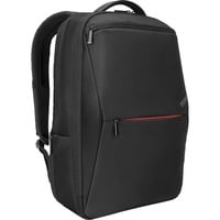 Das Bild zeigt den "ThinkPad 15.6" Professional Rucksack", einen schwarzen Business-Rucksack, designt für Berufstätige, die Wert auf Stil und Funktionalität legen. Der Rucksack zeichnet sich durch ein schlichtes, elegantes Design aus, mit einer roten Akzentlinie an der Vordertasche, die den Rucksack als Teil der ThinkPad-Produktfamilie kennzeichnet. Das Hauptfach des Rucksacks ist speziell dafür gedacht, einen Laptop bis zu einer Größe von 15,6 Zoll sicher zu transportieren. Zusätzliche Fächer und Taschen bieten Stauraum für Zubehör und andere persönliche Gegenstände.