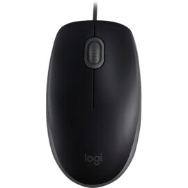Das Bild zeigt die Logitech B110 Silent Maus in schwarz, eine kabelgebundene Computermaus mit USB-Anschluss, zentralem Mausrad und dem Logitech-Logo am unteren Ende der Maus. Die Abbildung dient dazu, das Aussehen und Design des Produkts zu präsentieren.