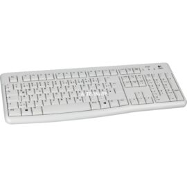 Das Bild zeigt eine weiße Logitech K120 kabelgebundene Tastatur mit einem deutschen QWERTZ-Layout. Die Tastatur besitzt ein Standardtasten-Layout inklusive Nummernblock, Funktionstasten und einem Logo von Logitech in der oberen rechten Ecke.