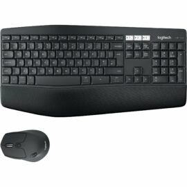Das Bild zeigt das 'MK850 Performance, Desktop-Set', bestehend aus einer schwarzen, ergonomisch gestalteten Tastatur mit gepolsterter Handballenauflage und einer schwarzen, ergonomischen Maus. Beide Geräte tragen das Logitech-Logo und sind für eine komfortable Bedienung am Computerarbeitsplatz konzipiert.