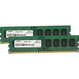 Das Bild zeigt zwei grüne RAM-Module des Typs DIMM 16 GB DDR3-1600 aus der Mushkin Essentials Serie, die jeweils eine Kapazität von 8 GB haben und zusammen als Dual-Kit verwendet werden. Sie sind speziell zur Aufrüstung oder zum Bau von Computern konzipiert, indem sie zusätzlichen Arbeitsspeicher bereitstellen und somit die Leistungsfähigkeit des Systems erhöhen. Die Module haben schwarze Aufkleber, die die Produktserie, die Teilenummer '997031', die Spezifikationen 'PC3-12800 1.5V' und die Kapazitätsinformation '2x8GB 16GB' enthalten.