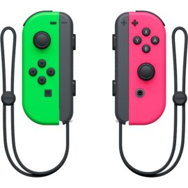 Das Bild zeigt ein Nintendo Switch Joy-Con 2er-Set in leuchtenden Farben: Der linke Controller ist grün und der rechte ist pink. Beide Joy-Cons verfügen über die typischen Tasten und Analog-Sticks und sind mit schwarzen Handgelenkschlaufen ausgestattet. Diese Controller werden verwendet, um Spiele auf der Nintendo Switch zu steuern und bieten eine Bewegungssteuerungsfunktion für ein interaktives Spielerlebnis.