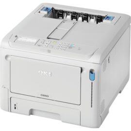 Das Bild zeigt den LED-Drucker "C650dn" von OKI. Es handelt sich um ein hochauflösendes Produktbild, das den Drucker in seiner vollen Form von der Frontseite her zeigt. Zu erkennen sind der Papiereinzug, das Bedienfeld mit Tasten und Display, die Frontklappe für die Tonerkartuschen sowie das Firmenlogo und das Modell "C650". Der Zweck des Bildes ist es, den Kunden einen detaillierten visuellen Eindruck des Geräts zu vermitteln, um Funktionen und Design des Druckers zu zeigen.