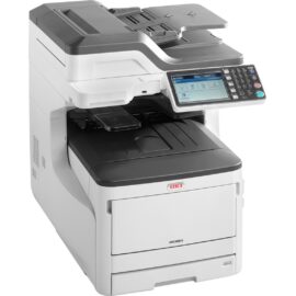 Das Bild zeigt den OKI MC883dn Multifunktionsdrucker, ein professionelles Bürogerät mit Druck-, Scan-, Kopier- und Faxfunktionen. Der Drucker ist in einem kompakten, freistehenden Design gehalten, mit einem großen, touch-fähigen Bedienfeld an der Vorderseite und einer automatischen Zuführung auf der Oberseite für das Mehrfach-Scannen von Dokumenten.