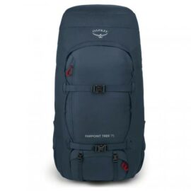 Ein dunkelblauer Osprey Farpoint Trek 75 Reiserucksack vor einem weißen Hintergrund. Der Rucksack zeigt Front- und Seitentaschen, Schnallenverschlüsse und die Logos von Osprey sowie die Modellbezeichnung. Das Bild dient zur Visualisierung des Produktdesigns und der Funktionen für potenzielle Käufer.