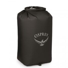 Das Bild zeigt den Osprey Ultralight DrySack 35L, einen schwarzen wasserdichten Packsack mit dem Osprey-Logo auf der Vorderseite. Der DrySack ist für die Aufbewahrung und den Schutz von Ausrüstung und Bekleidung vor Wasser und Feuchtigkeit gedacht.