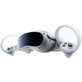 Produktabbildung der Pico 4 VR-Brille mit zugehörigen Controllern in Weiß, die auf die visuelle und interaktive Komponente der virtuellen Realitätserfahrung hinweist.
