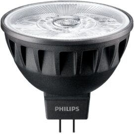 Das Bild zeigt eine Philips Master LED ExpertColor 7.5-43W MR16 930 36D Lampe, eine LED-Lampe mit Reflektor und zweipoligem Stecksockel, vorgesehen zur energieeffizienten Beleuchtung. Das Design ermöglicht eine gezielte Lichtverteilung mit einer Abstrahlung von 36 Grad. Die Lampe dient der Beleuchtung von Innenräumen, wobei besonderer Wert auf Farbwiedergabe und -qualität gelegt wird, wie durch die Bezeichnung "ExpertColor" und die Farbtemperaturangabe "930" für warmweißes Licht hindeutet.