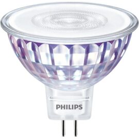Das Bild zeigt die LED-Lampe "Master LEDspot Value D 5.8-35W MR16 930 36D" von Philips. Es handelt sich um eine Halogenersatzlampe mit zwei Kontaktstiften am Sockel und einer reflektierenden Optik. Die Lampe ist für die Beleuchtung von Innenräumen konzipiert und stellt eine energieeffiziente Beleuchtungslösung dar.