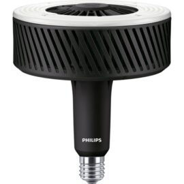 Das Bild zeigt die TrueForce LED HPI UN 95W E40 840 NB Lampe von Philips. Zu erkennen ist eine LED-Lampe mit einem großen, runden Leuchtkörper und Rippen am Gehäuse für die Wärmeabfuhr. Unten befindet sich ein E40-Schraubsockel zum Einsetzen in eine passende Lichtanlage. Die Lampe ist als Ersatz für herkömmliche Beleuchtung in Industrie- und Gewerbeanwendungen konzipiert.