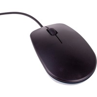 Das Bild zeigt die offizielle Raspberry Pi Maus. Sie ist schwarz und verfügt über ein Kabel. Der Zweck des Bildes ist es, das Aussehen und Design der Maus als Teil des Produkttests darzustellen.