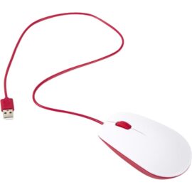 Die offizielle Raspberry Pi Maus in Weiß und Rot mit einem USB-Anschlusskabel. Die Maus verfügt über zwei Tasten und ein Scrollrad.