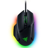 Das Bild zeigt die Razer Basilisk V3 Gaming-Maus in einer Nahaufnahme vor einem schwarzen Hintergrund. Die Maus verfügt über eine RGB-Beleuchtung, die in verschiedenen Farben leuchtet, und ein markantes Logo ist auf der Handauflage sichtbar. Ziel des Bildes ist es, das Design und die ästhetischen Merkmale der Maus hervorzuheben.