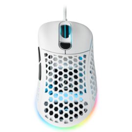 Produktpräsentationsbild der Sharkoon Light² 200 Gaming-Maus in weißer Farbe mit einem ausgeprägten Wabendesign für Gewichtsreduzierung, integrierte RGB-Beleuchtung am unteren Rand und einem USB-Kabelanschluss. Die Maus zeigt sowohl das Scrollrad als auch die beiden Hauptklicktasten und Seitentasten, um die Funktionalität und das Ästhetikdesign hervorzuheben.