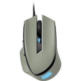 Das Bild zeigt die SHARK Force II Gaming-Maus in einer Nahaufnahme, die das Design und die ergonomische Form hervorhebt. Man sieht ein Scrollrad, zwei Hauptklicktasten und das beleuchtete Logo "SHARK FORCE" an der Unterseite der Maus. Die Maus ist in einem matten Olivgrün gehalten und die Beleuchtung schafft einen modernen Look. Das Bild dient dazu, dem Betrachter einen Eindruck von der Ästhetik und den Funktionen des Produkts zu vermitteln.
