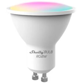 Das Bild zeigt die "Shelly Duo GU10 RGBW LED-Lampe" vor einem reinweißen Hintergrund. Der obere Teil der Lampe ist mit einem Farbverlauf gestaltet, der die RGBW-Farbwechsel-Funktion repräsentiert. Am unteren Teil der Lampe befindet sich der Schriftzug "ShellyBULB RGBW", was auf die Marke und das Modell hinweist. Das Bild dient dazu, das Design und die Farbfunktionalität des Produkts zu präsentieren.