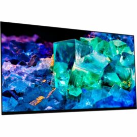 Das Bild zeigt einen Sony BRAVIA XR XR65A95K OLED-Fernseher, der ein lebhaftes Bild von fluoreszierenden Kristallen mit intensiven Farben und starken Kontrasten darstellt. Der Zweck des Bildes ist es, die Bildqualität und Farbdarstellung des Fernsehers zu demonstrieren. Der Produktnamen ist in der Beschreibung des Bildes enthalten und bezieht sich auf das spezifische Modell.