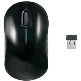 Das Bild zeigt die Wireless Blue Trace Mouse zusammen mit ihrem USB-Empfänger. Die Maus ist schwarz und weist an den Seiten geriffelte Griffflächen auf, während der kleine USB-Empfänger kompakt und zum Anstecken an einen Computer gedacht ist. Das Bild dient dazu, das Aussehen und Design der Maus zu präsentieren sowie den dazugehörigen USB-Empfänger zu zeigen, durch den die kabellose Verbindung hergestellt wird.