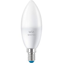 Das Bild zeigt die Whites LED-Kerze C37 E14. Es dient dazu, das Design und die physikalischen Merkmale der Glühbirne zu präsentieren, einschließlich der Form, Größe, des Lampensockels und der Markenbeschriftung.